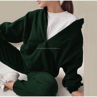 Ensemble de survêtement pour femme, 100% coton, avec poignets côtelés, deux pièces, toutes saisons, élégant, uni, coupe oversize, chaud, à capuche et boutonné