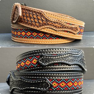 Ceinture Western en cuir façonnée à la main avec motif aztèque diamanté, perles turquoise et boucle en alliage de style vintage - Product Image 6