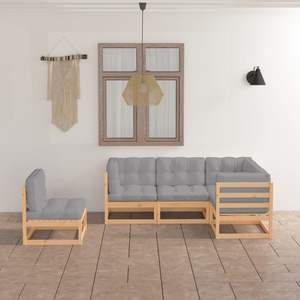 Ensemble de salon de jardin en pin naturel avec coussins gris - Product Image 1