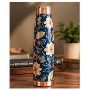Thermos en cuivre à motif floral bleu or ayurvédique, couvercle en cuivre, bouteille d'eau portable de voyage, design bleu or - Product Image 1
