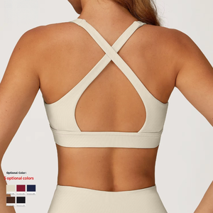 Soutien-gorge de sport écologique à col en V, respirant, sans coutures, uni, à maintien élevé, extensible dans quatre directions, avec bretelles croisées à l'avant - Product Image 6