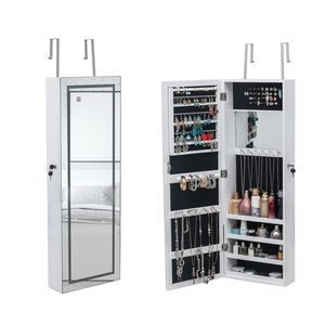 Armadietto a Specchio da Parete Bianco a 4 Ripiani per Gioielli, Specchio Intero con Luce LED a 3 Colori, Design in Legno - Product Image 1