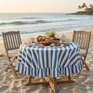 Nappe en coton imprimée à la main, rayures bleues et blanches, ourlet à volants, vendeur indien - Product Image 3