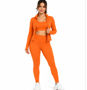 Women 3 Piece Yoga Set Wholesale Workout <b>Leggings</b> Sports Bra Lightweight Jacket Gym Fitness Breathable Stretch <b>Activewear</b> Custom - Product Image 1