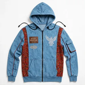 เสื้อแจ็คเก็ตสตรีทแวร์แบบมีซิป รุ่น Accept Industry Blue Denim Falcon  ผ้าฟลีซ แต่งลายเพสลีย์ - Product Image 1