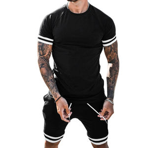Ensemble deux pièces d'été pour homme, 100 % coton uni, sur mesure, respirant, t-shirt et short décontractés, option prix de gros - Product Image 3