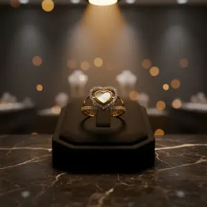 Elegante Anillo Doble Corazón Dorado con Halo de Diamantes y Centro de Madreperla para Mujer, Joyería Fina Romántica, Regalo - Product Image 3