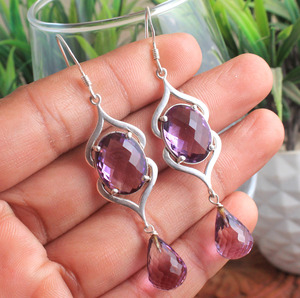 Boucles d'oreilles pendantes en améthyste naturelle double pierre, en argent sterling 925, faites à la main, bijoux de luxe pour femmes - Product Image 1