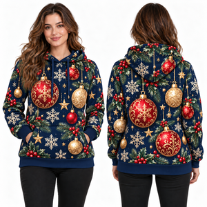 Women's Christmas Ornament Printed Hooded Pullover Sweatshirt Full Sleeve Knitted Winter Hoodie With Pockets - Product Image 1