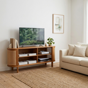 Buffet de salle à manger ovale contemporain en teck élégant avec portes en rotin naturel, meuble de rangement pour la maison, vente en gros - Product Image 4