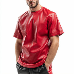 T-shirt matelassé en cuir véritable pour homme, col rond, manches courtes, couleur unie - Style urbain, écologique, respirant et anti-UV - Product Image 1