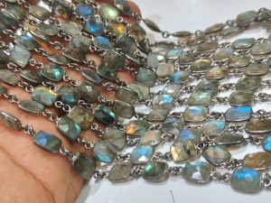 Brass Natural Labradorite Gray Flashy <b>Cushion</b> Shape 8x10mm Bezel Connector Chain Sold Per Foot for Jewellery Making - Product Image 6