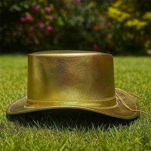 Premium quality custom Handmade Golden Leather Steampunk <b>Top</b> Hat with <b>Feathers</b> Cosplay Costume - Product Image 4