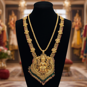 Gold Plated Brass South Indian Temple Regular Haaram Necklace and Earring Set-Wedding Fashion Jewelry - Product Image 2