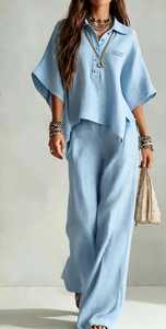 Ensemble deux pièces pour femmes, bleu clair uni, col rabattu, haut boutonné, pantalon large, tenue d'été décontractée - Product Image 4