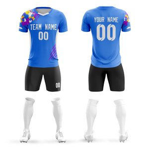 Ensemble de maillots de football personnalisés pour hommes, bleu, sublimé, col en V, manches courtes, anti-transpiration - Product Image 1