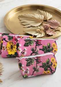 Pochette de maquillage en velours matelassé durable avec chaînes, fermeture éclair florale, organiseur de maquillage, trousse de toilette de voyage - Product Image 1