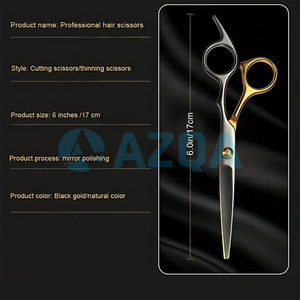 Ciseaux de coiffure professionnels en acier inoxydable de 6 pouces, finition noir et or, 25 dents, manche moyen pour la coupe et l'effilage des cheveux - Product Image 2