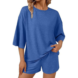 <b>Women's</b> Casual 2-Piece Knitted Shorts <b>Set</b> Crew Neck Sleeve Loose Fit Solid Blue Breathable Spring Summer Wear - Product Image 1