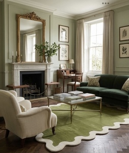 Modern Green Wool Eco-Friendly Medium Europe Style Square Area Rug Scallop <b>Edge</b> Non-Slip <b>Rubber</b> Backing for Living Room Home Use - Product Image 4