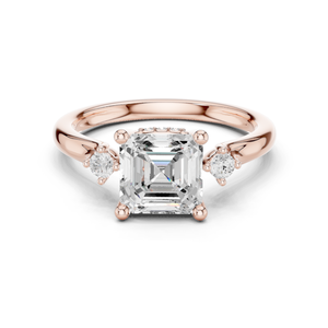 แหวนหมั้นทองคำโรสโกลด์ 14K พร้อมใบรับรอง GRA เพชรทรง Asscher สวยงามที่ได้ผลิตในห้องปฏิบัติการ และเพชรทรงกลมสองเม็ดด้านข้าง - Product Image 1