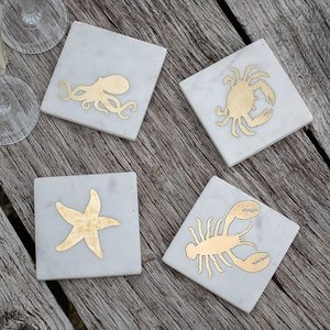 Posavasos cuadrado de mármol blanco natural con incrustaciones doradas, posavasos botánico, posavasos de piedra hecho a mano, decoración de mesa de lujo - Product Image 4