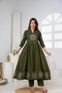 Olive Green Anarkali <b>Kurta</b> Set for <b>Women</b> Embroidered Ethnic Wear with Palazzo Pants Festive Wedding Party Outfit - Product Image 2