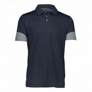 Polo bleu marine pour homme avec accents gris sur les manches, manches courtes, col classique - Product Image 1
