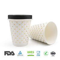 Gobelets à café biodégradables à double paroi, gaufrés à pois, avec estampage doré, isolés, jetables, en papier, avec couvercle noir