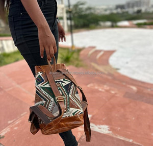 Nouveau Western Boho Style Vintage fait à la main en cuir Jacquard cordon sacs à dos point à la main Klim en cuir véritable Style indien sacs - Product Image 5