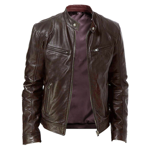 Blouson moto en cuir noir pour homme, col montant, fermeture éclair, coupe ajustée, couleur unie, manches classiques, idéal pour l'automne - Product Image 5
