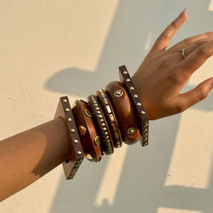 Handcrafted Wooden <b>Bracelets</b> Set with Brown Leather Accents Boho Style Jewelry for Women Craft Emporium Exports Uttar Pradesh - Product Image 3