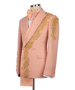 Traje de esmoquin bordado de doble botonadura color melocotón para hombre – Blazer de diseñador con cristales para novio, graduación y fiestas de lujo - Product Image 2