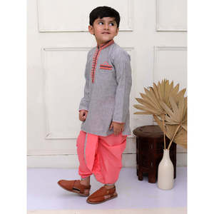 Conjunto de Kurta de Algodón a Rayas de Manga Larga para Niño con Pantalones Dhoti Gris y Coral, Lehenga Choli y Saree Cosidos y Elásticos - Product Image 6