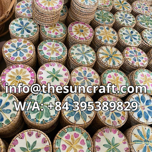 Premium Mosaic Mother-of-Pearl Coaster - Rattan-Wrapped Protective <b>Edge</b> - Designer Heat-Insulating Drink Mat - Product Image 5