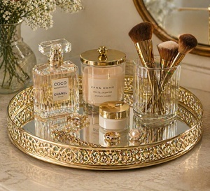 Round <b>Mirrored</b> Metal Storage <b>Tray</b> With Gold Filigree Edge For Table Use Modern Luxury Design Single Tier With Lid - Product Image 3