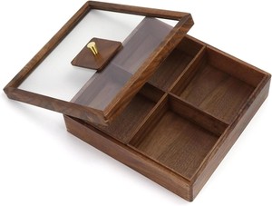 Natural Wooden Dry Fruit Serving Tray with Clear Acrylic Lid 4 Compartment Nut Candy Snack Storage Box for Home Hotel Gift - Product Image 5