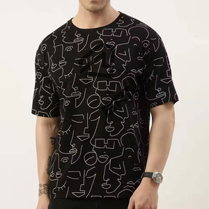 T-shirt personnalisé pour homme, noir, manches courtes, col rond, avec motif abstrait blanc, coupe classique, jersey en coton tricoté décontracté - Product Image 1