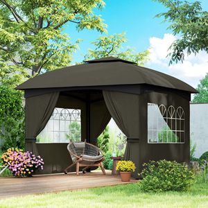 Gazebo da Esterno 3,35m x 3,35m con Doppio Tetto, Struttura in Acciaio Zincato, Finestre a Chiesa e Tende, Tettoia e Pergola Grigio Scuro - Product Image 2