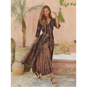 Vestido largo bohemio con cuello en V y botones en la parte delantera para mujer, vestido informal de verano de manga larga - Product Image 1