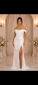 Hand Beaded Sleeveless V-Neck Modern Bridal Dress Crystal Embroidery Draped Satin Skirt Natural Waistline Floor-Length Sweep - Product Image 2