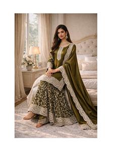 Conjunto de Gharara Étnico Pakistaní Bordado, Traje Sharara Moderno para Mujer, Vestido para Fiestas y Bodas, de Secado Rápido - Product Image 1