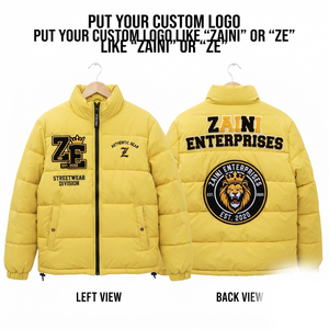 Veste matelassée en nylon 300 GSM jaune avec panneaux matelassés, broderie personnalisée, logo appliqué, vêtements d'extérieur d'hiver - Product Image 1