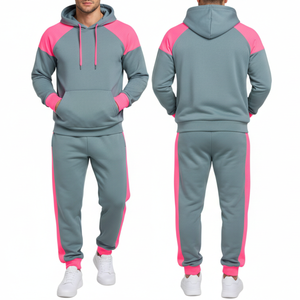 Ensemble de survêtement pour homme gris ardoise et rose fluo – Sweat à capuche à manches raglan avec poignets contrastants et pantalon assorti – Collection Athlétique - Product Image 3