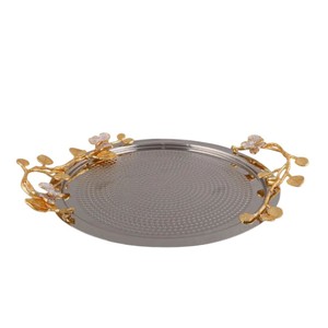 Luxury Round Stainless Steel <b>Serving</b> <b>Tray</b> With <b>Gold</b> Leaf Design Handles Hammered Nickel Plated Metal Decorative Platter For Home - Product Image 1
