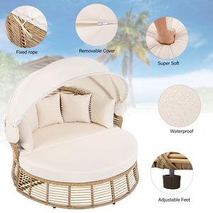 Sofá cama de mimbre para patio exterior con toldo retráctil, modelo N704G201243A, para piscina, con protección solar. - Product Image 3