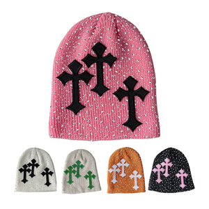 Green Cross Applique Beanie Hat Unisex Street Style Knit <b>Winter</b> <b>Cap</b> Casual Adult 56-58CM - Product Image 3