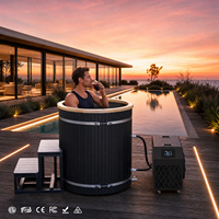 Baignoire de Luxe pour Bain de Glace, Extérieur en Bois Composite Noir (WPC) Effet Grain de Bois, Doublure en Acier Inoxydable 304, Baignoire Ronde pour Plongeon Froid avec Unité de Refroidissement