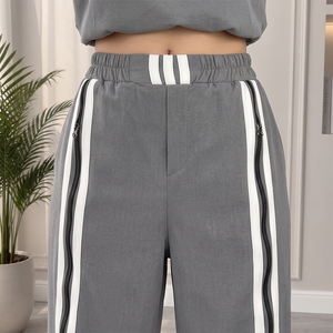 Crescent Wear Trending Womens Grey <b>Track</b> <b>Jacket</b> White Stripes Pant Oversized Fit 100% Cotton Winter High Street Fashion - Product Image 6