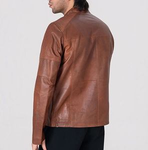 Veste moto en cuir véritable marron pour homme, col montant, fermeture éclair, coupe ajustée, pour l'automne - Product Image 5